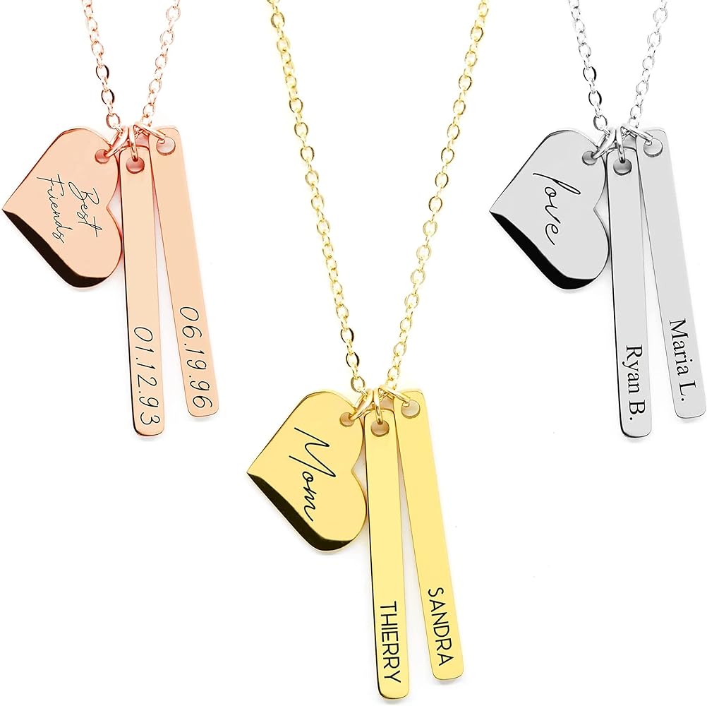 MignonandMignon Mothers Day Necklace with Kids Names Heart Vertical Bar Necklaces Personalized Mom Gifts from Daughter Custom Jewelry Family Initial Name- H6N