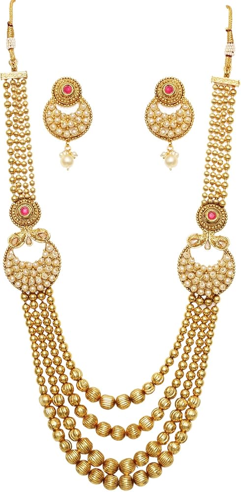 SANARA south Indian Bollywood Style multi Layered Long Rhinestone Pearl Strand Rani haar Golden Choker Boll Emerald Polki bridal jewelry set with Matching earrings for women.