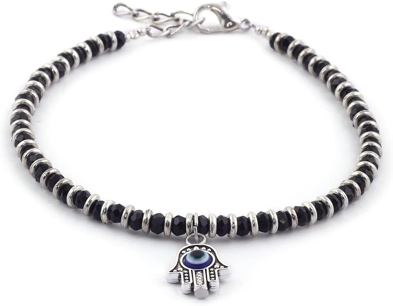 1 Leg Evil Eye Hamsa Hand Black Beads Nazaria Anklets Set- 1 PC Evil Eye Fashion Anklet for Women & Girls, 10 Inches, German Silver, Evil Eye