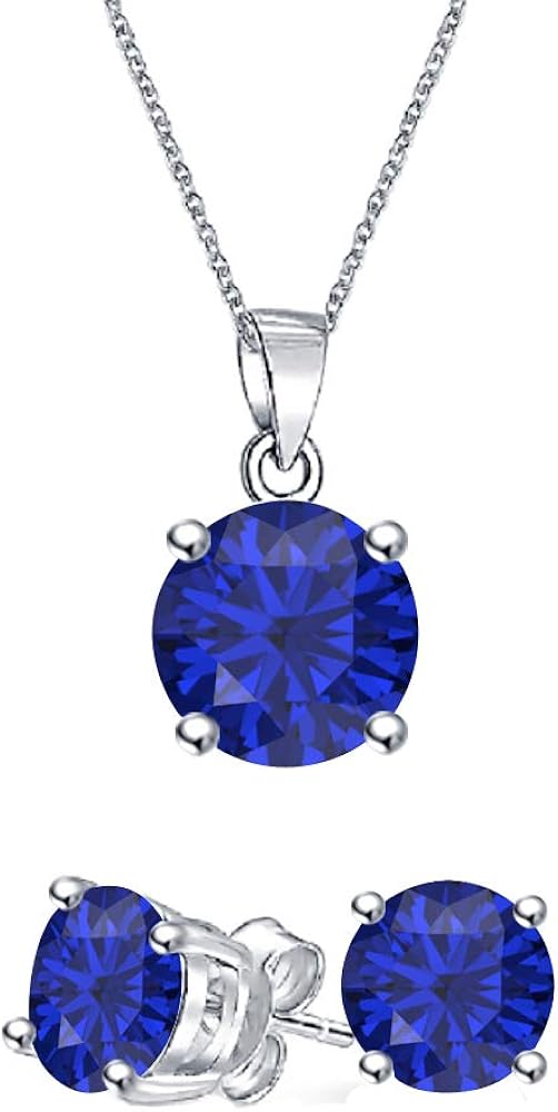 Simple 3mm To 11mm 2CT Round Cut Blue Sapphire 14k White Gold Over Solitaire Pendant Stud Earring Set Push Back Posts For Girl's & Women's