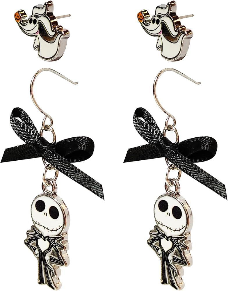 Jack Skellington Gothic Jewelry: 2 Hypoallergenic Earrings for Girls (1 Stud Earrings 1 Fishhook Drop) Earring Sets with Charms One Size Fits All Girls Earrings The Nightmare Before Christmas Ages 4+