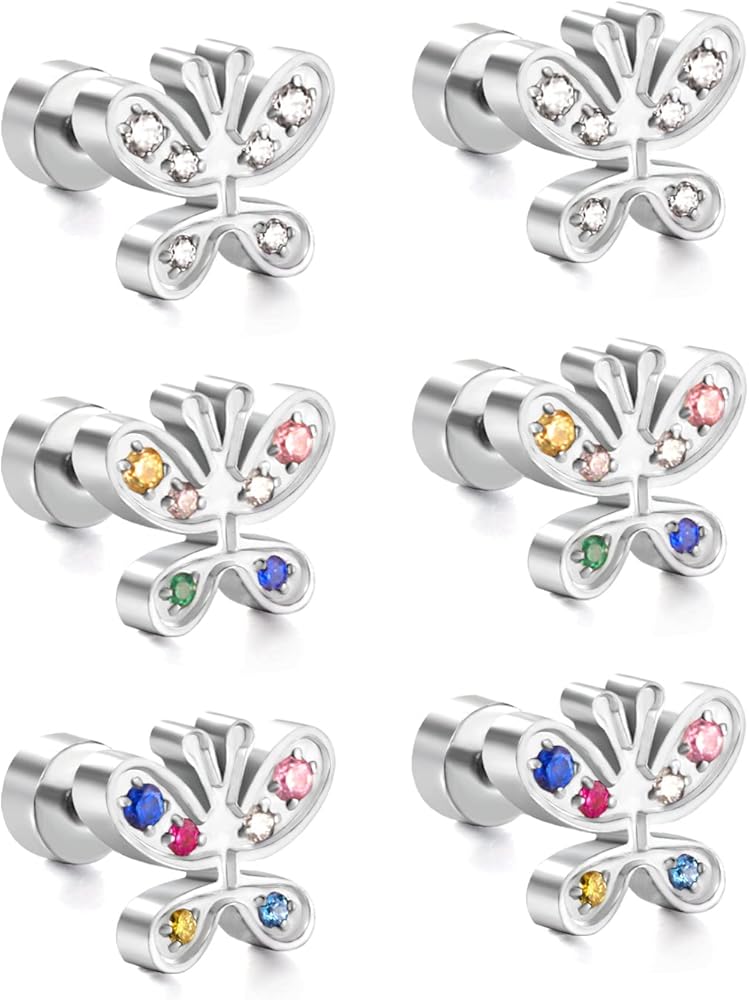 Stainless Steel Stud Earrings for Girls Women Earrings with Screw Twist Back Colorful Flowers Shape CZ Inlaid Stud Earring Piercing Jewelry