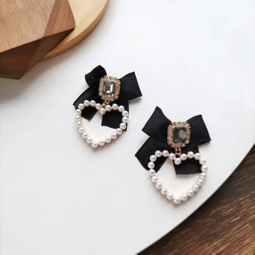 earrings S925 needle Sweet Jewelry Black Bowknot Earrings Design Crystal Glass Simulated Pearls Heart Drop Earrings For Girl BY GGAA (Metal Color : S925 needle)