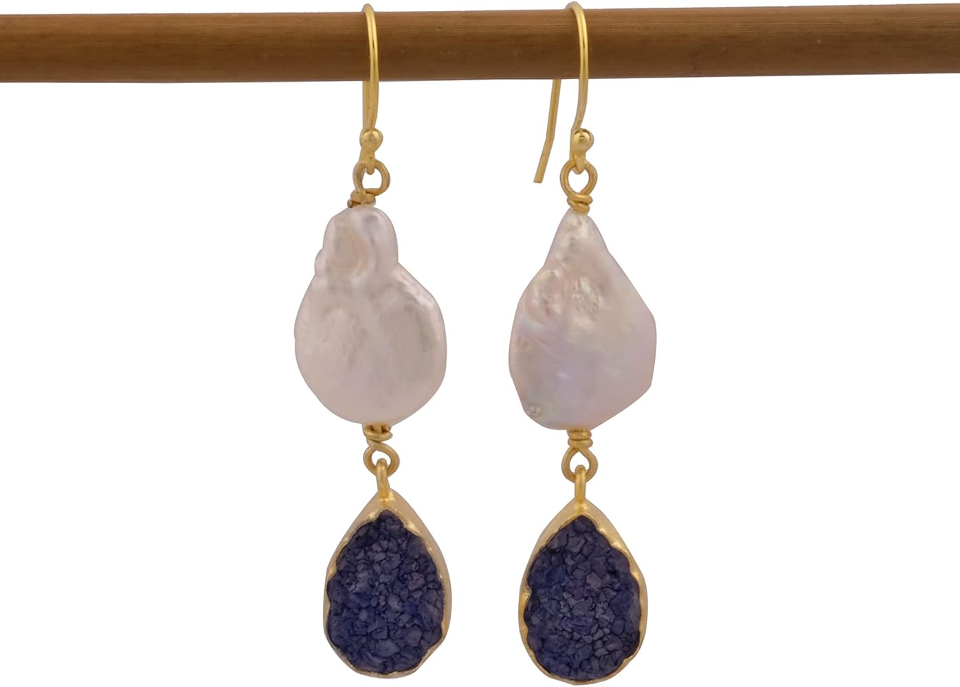 Natural Agate Druzy,& Fresh White Pearl Gemstone,| Pear & Uneven Shape Gold Plated Hook | Dangle Statement Earrings Jewelry 1931)1