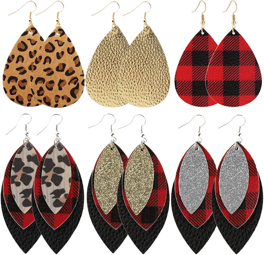 Long Dangle Leather Earrings for Women Layered Handmade Plaid Faux Leather Leaf Dangle earrings Lightweight Leopard Print Teardrop Earrings Set for Girls Lady