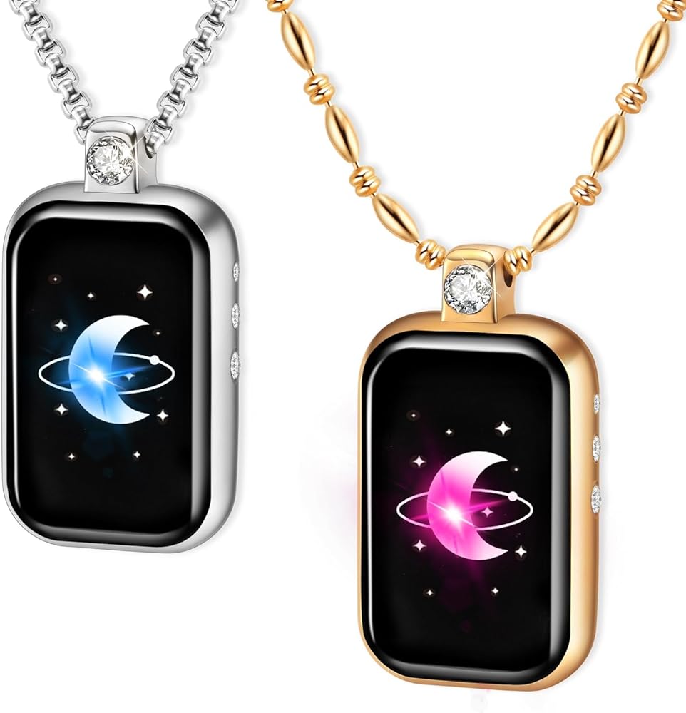 Long Distance Touch Necklaces,Send SOS SMS,Remote Smart Connection Vibration &Light Up Moon Necklace for Relationship Couples Girlfriend Boyfriend Family Passing on Love&Miss Gifts Jewelry Silver Gold