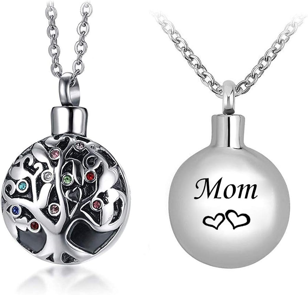 misyou Tree of Life Birthstone Memorial Urn Necklace Stainless Steel Waterproof Cremation Jewelry - Engrave Dad Mom Grandma Husband Keepsake