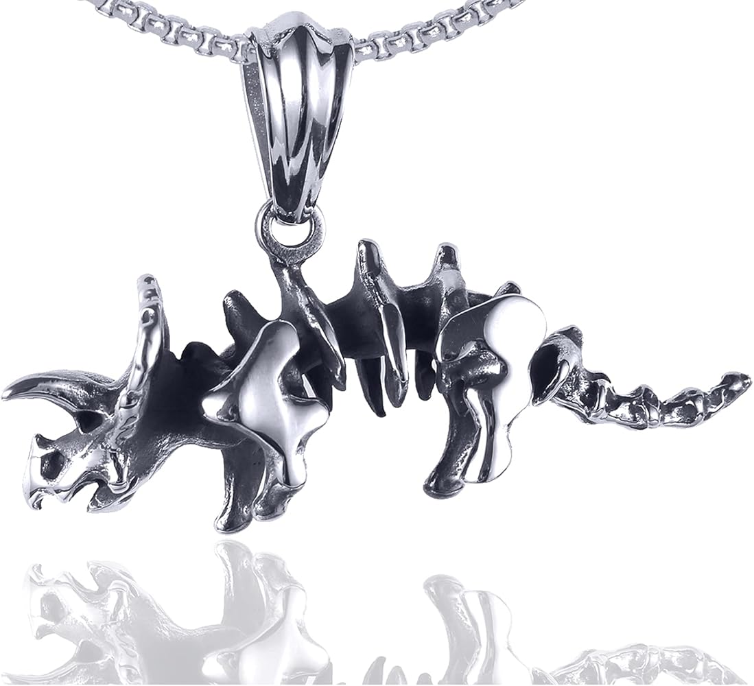 Xusamss Punk Rock Titanium Steel Dinosaur Skeleton Triceratops Pendant Necklace,24inches Chain