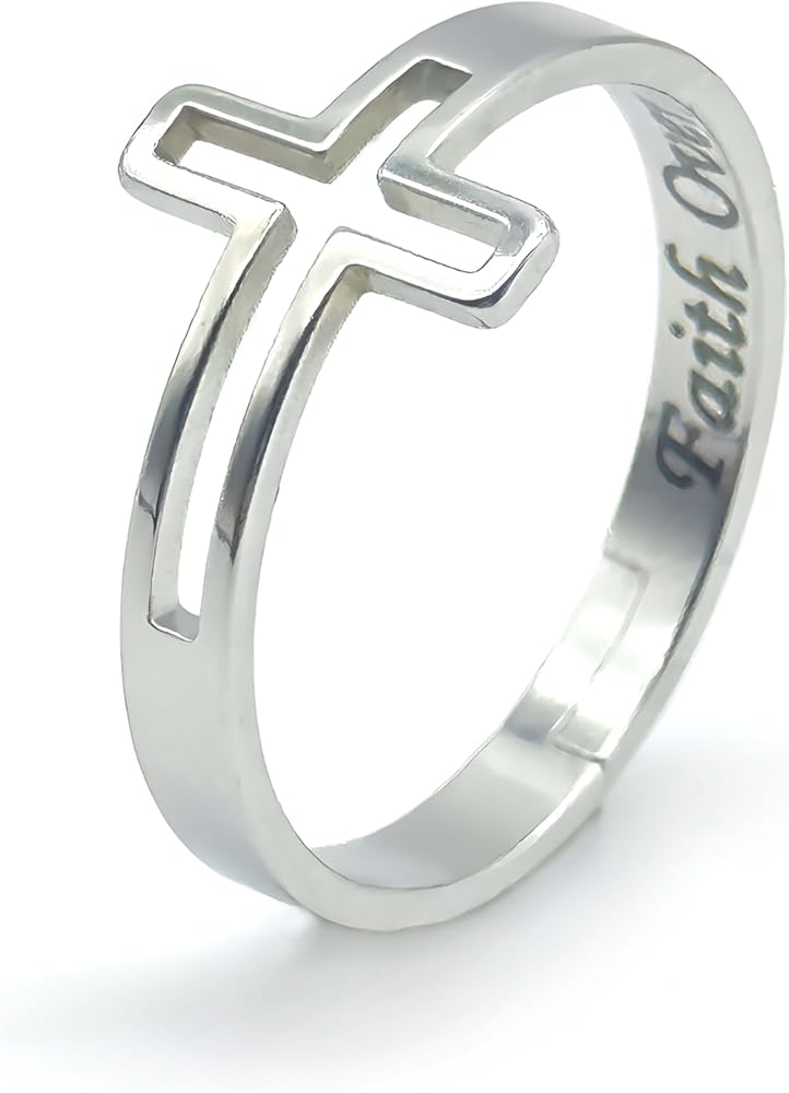 Sideways Cross Ring Religious Faith Over Fear inside Remind Pray to God Jesus | Adjustable Stainless Steel Religious Cross Ring | Jewelry box included