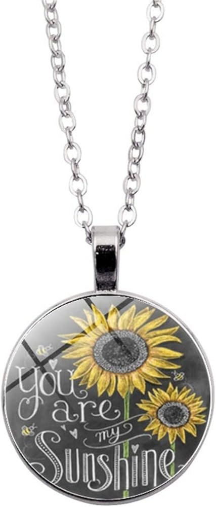 Women Necklace Pendant, Vintage Sunflower You Are My Sunshine Cabochon Glass Chain Necklace Jewelry Birthday Gift for Mom Women Wife Girls Her - Silver