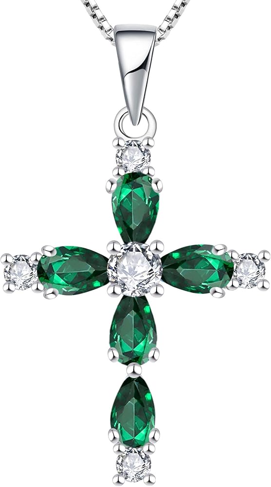 YL Gemstone Cross Necklace 925 Sterling Silver Birthstone Religious Pendant Jewelry for Women