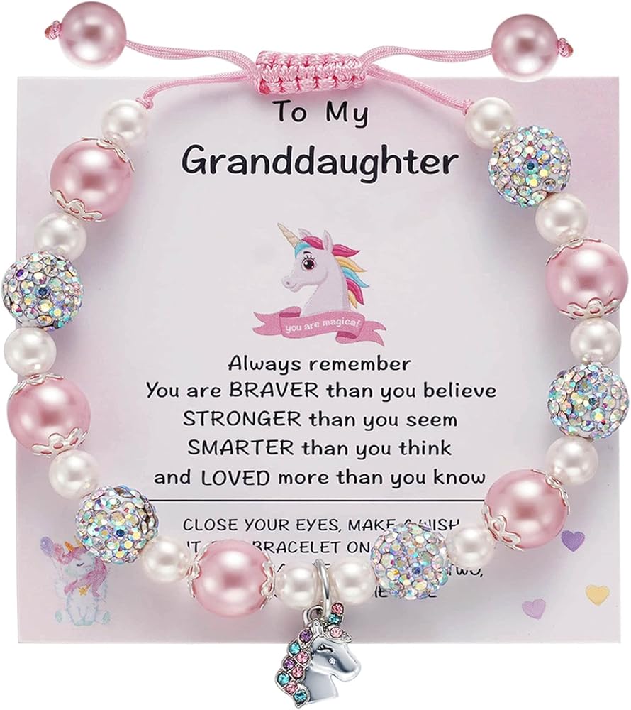 MIXJOY Unicorn Pearl and Rhinestone Balls Pink Bracelet&Card w/Gift Box for Little Girls, Unicorn Lovers Birthday Easter Gifts