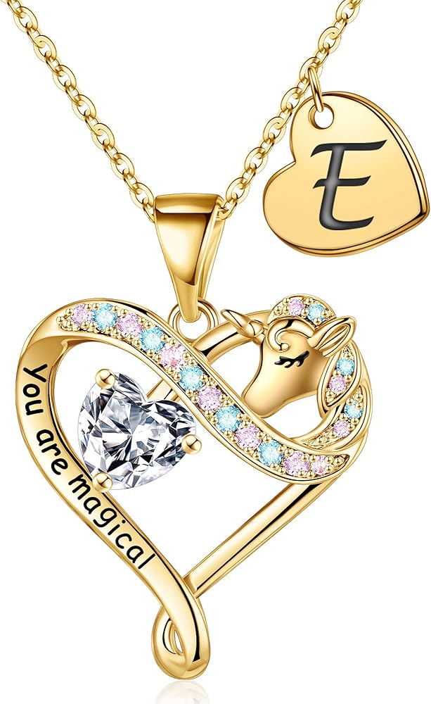 STORUP Unicorns Gifts for Girls, 14K Gold Plated Colorful CZ Heart Pendant Unicorn Necklace Letter Initial Unicorn Necklace for Girls Women Jewelry Unicorns Gifts for Girls Women