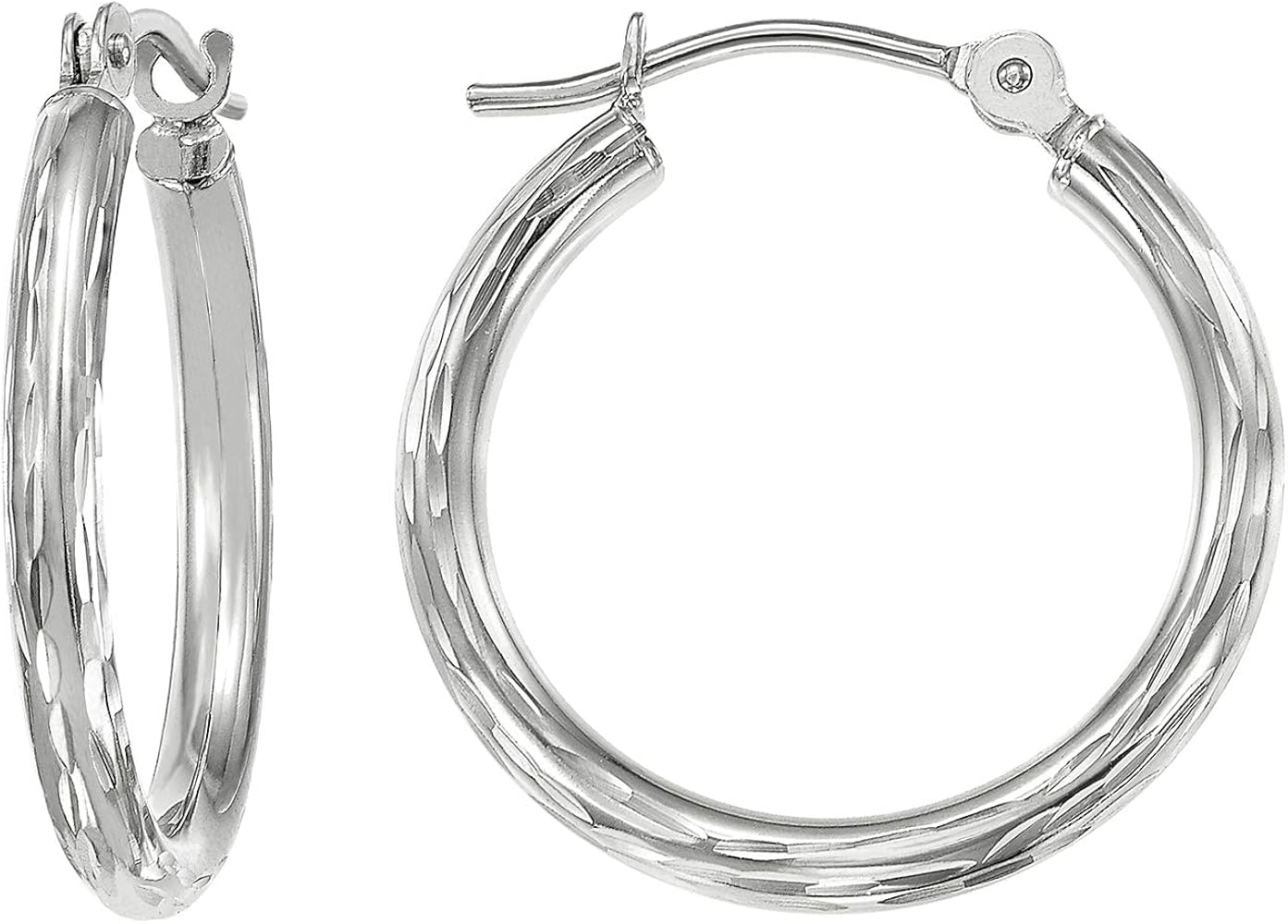 14k White Gold Hand Engraved Full Diamond-cut Round Hoop Earrings