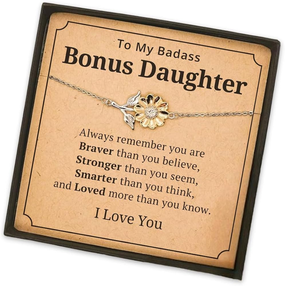 To My Badass Bonus Daughter Sunflower Bracelet with Message Card Gifts For Her - Always Remember You Are Braver Than You Believe - 925 Sterling Silver Bracelet Christmas Birthday Motivational