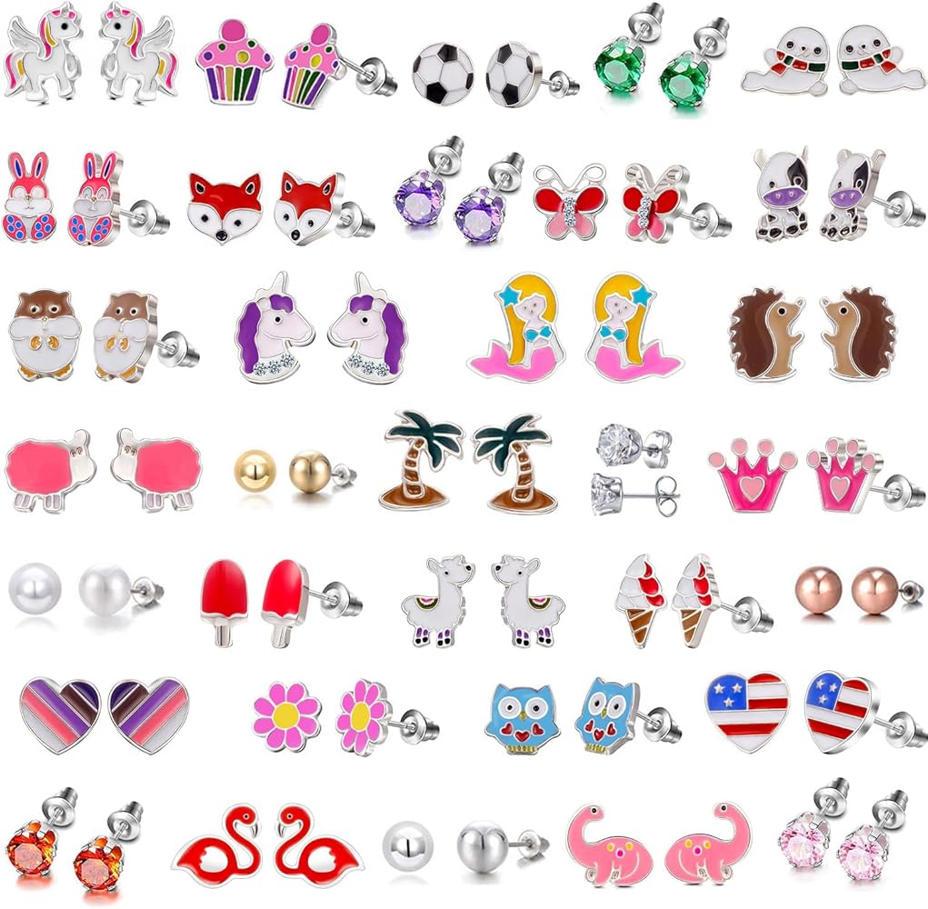 Dreamscape Delights: 33-Piece Earrings for Girls Hypoallergenic Pack - Animal Earrings for teen Girls - Cute Earrings Birthday Gifts for Teens，Girls Earrings Set