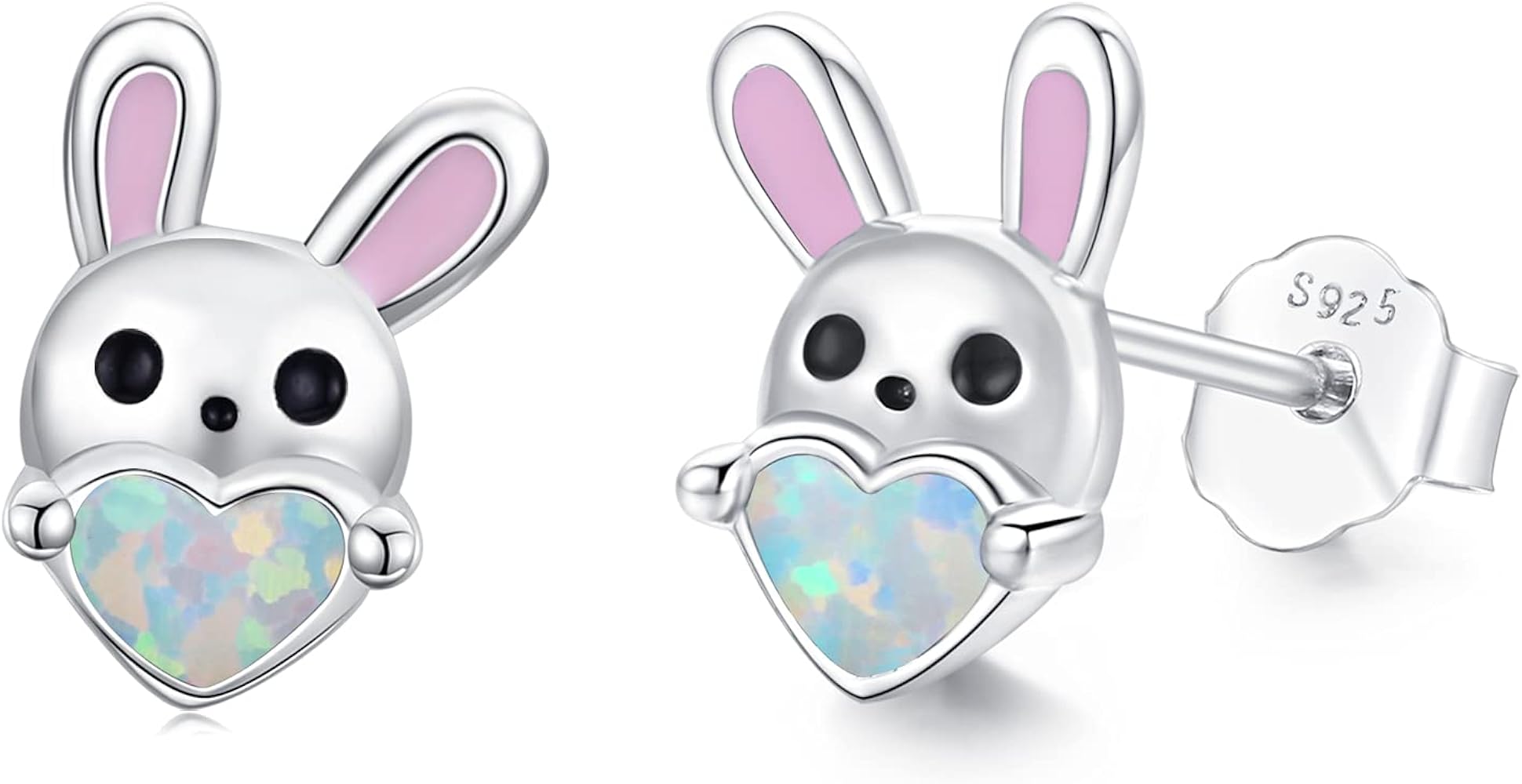 CUOKA MIRACLE Rabbit Earrings 925 Sterling Silver Opal Bunny Studs Earrings for Sensitive Earrings White/Pink Rabbit Opal Cute Animal Small Earrings Hypoallergenic Gifts Jewelry for Birthday