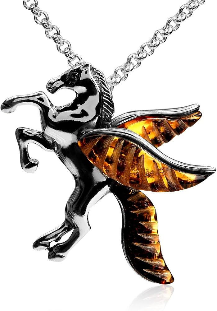 Amber Sterling Silver Pegasus Pendant Necklace Chain 18 Inches