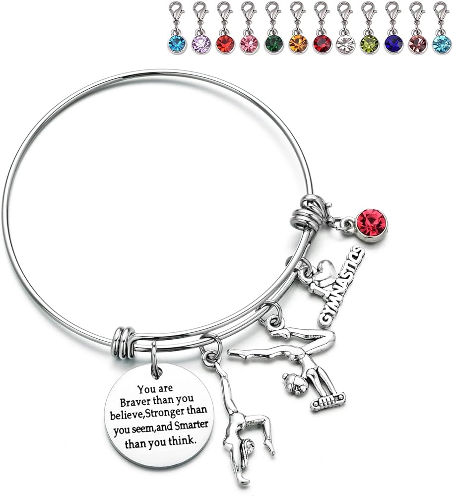 Miss Pink Gymnastics Gifts for Girls Personalized DIY I Love Gymnastics Bracelet With Birthstone Gymnast Charm Bangle Birthday Christamas Jewelry Gift for Teen Girls