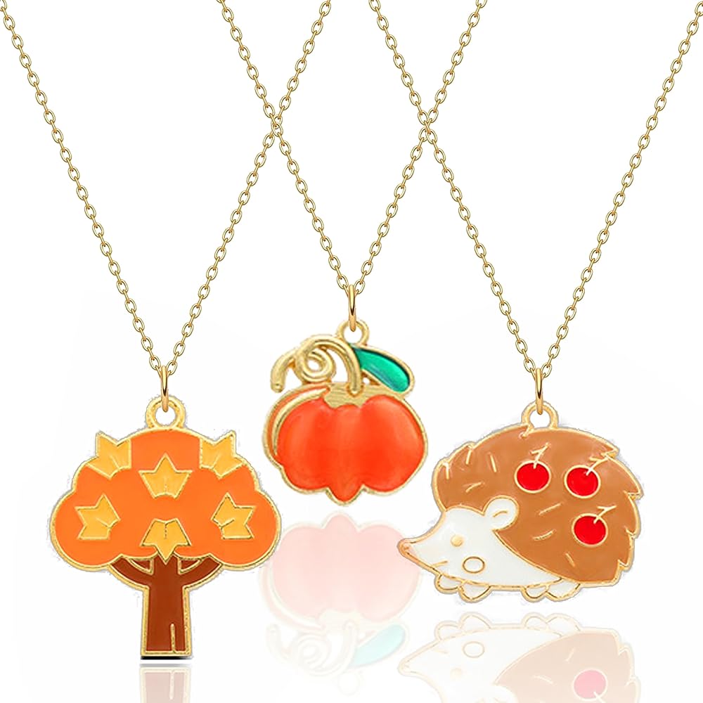 3 Pcs Fall Necklaces, Thansgiving Pendant Necklaces Set, Cute Cartoon Autumn Pendant Necklaces for Girls, Pumpkin Maple Tree Hedgehog Wheat Ears Scarecraw Fox Necklace, Thanksgiving Gift Autumn Jewelry