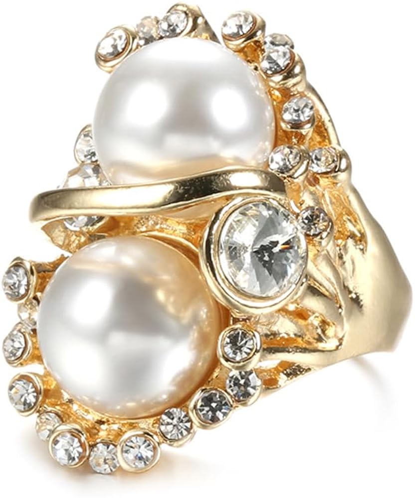 Boho CZ Pearl Statement Ring for Women Girls Golden Cubic Zirconia Imitation Pearls Finger Rings Comfort Fit Dainty Birthday Engagement Wedding Anniversary Mother's Day Jewelry Gift Size 8