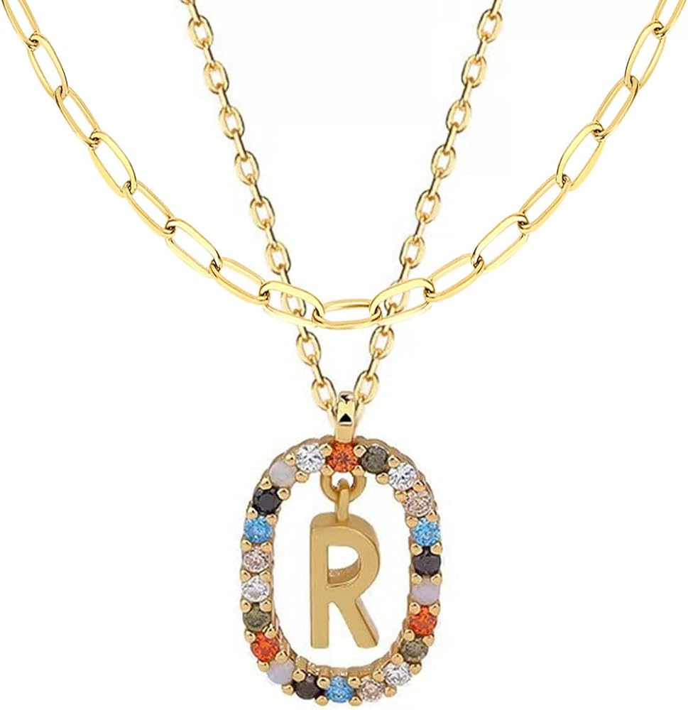 Gold Initial Layered Necklace Choker Cute Alphabet Pendant Necklaces for Women,Colorful Cubic Zirconia Initial A-Z Letter Pendant for Girls, Letter Pendant Necklace