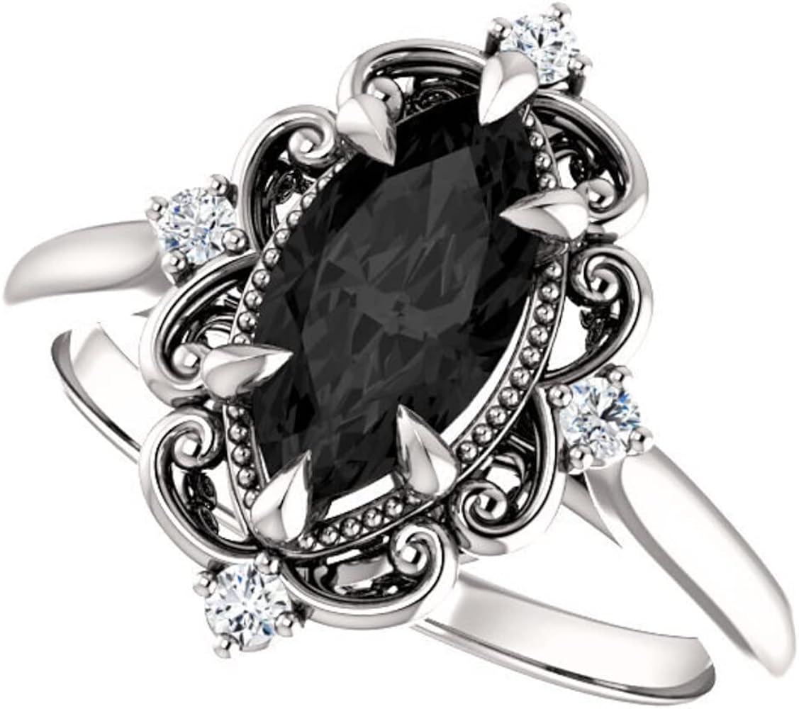 Amazon Black Onyx Engagement Ring 2.00 CT Marquise Cut 925 Sterling Silver Engagement Ring Cluster Ring Moissanite Bridal Ring Wedding Rings Promise Ring Jewelry