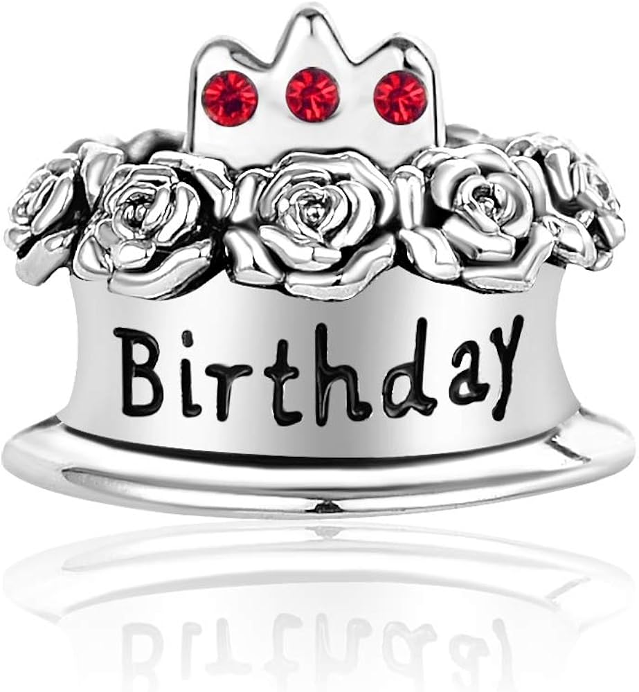 Happy Birthday Charm for Bracelets for Women Crystal Birthstone Bead Rose Flowers Cake Charm