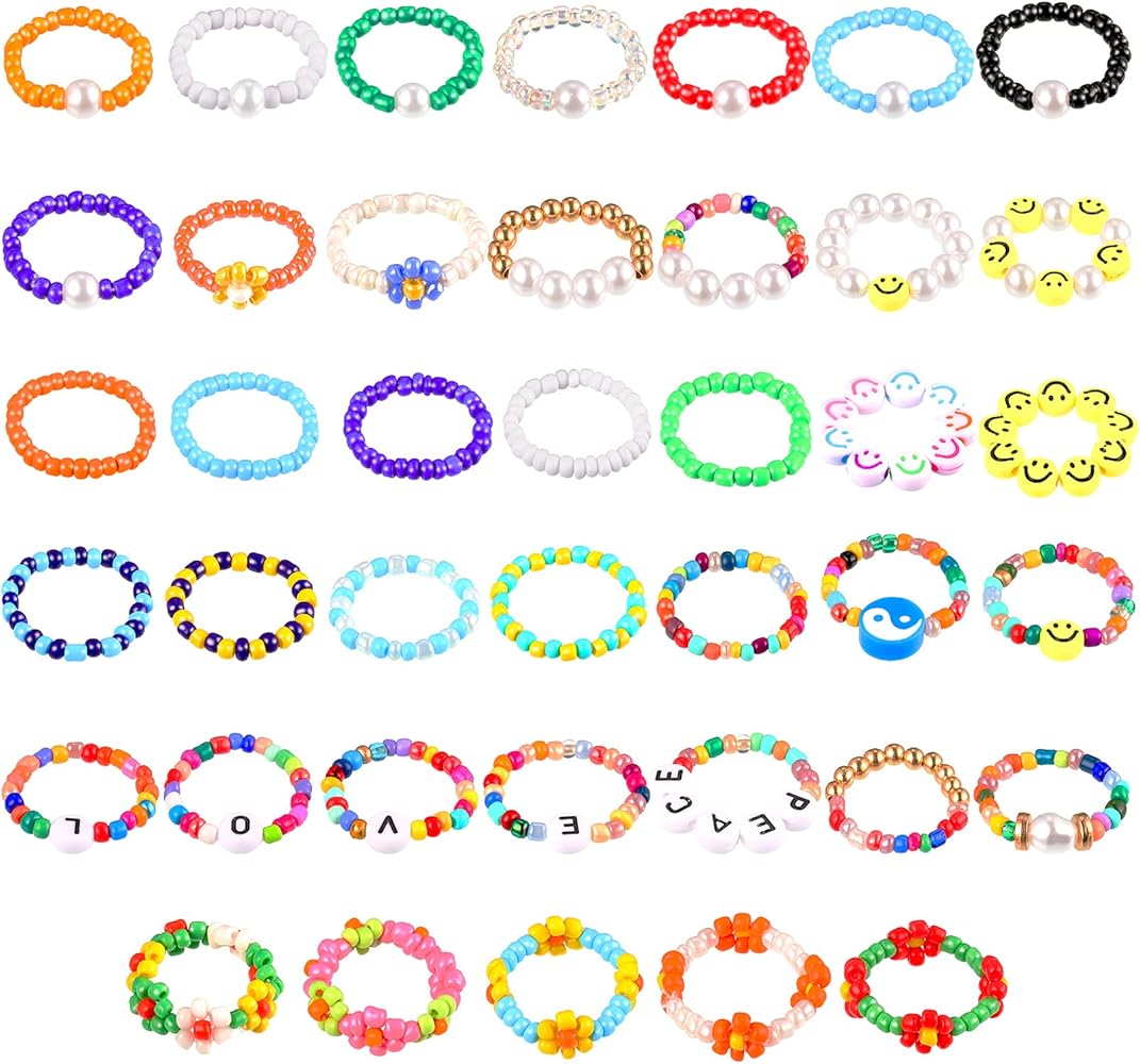 40 Pieces Flower Beads Rings Rainbow Colorful Rice Bead Rings Cute Handmade Smile Beaded Rings Colorful Jewelry Rings for Girls and Women