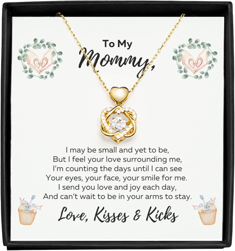 To My Mommy Necklace From Unborn Baby, Mother’s Day New Mom, Pregnant Wife Necklace, Pregnant Daughter-in-Law Gifts, Jewelry for Mom To Be, Gold Heart Knot Mommy Pendant