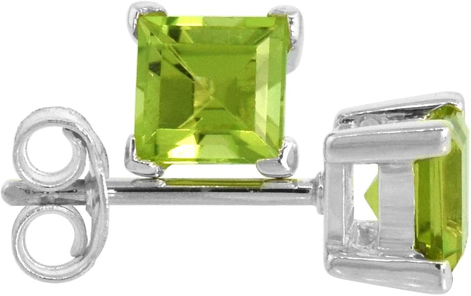 Sterling Silver Genuine Peridot Stud Earrings 4 prong Basket Setting 4-6 mm Princess and Round