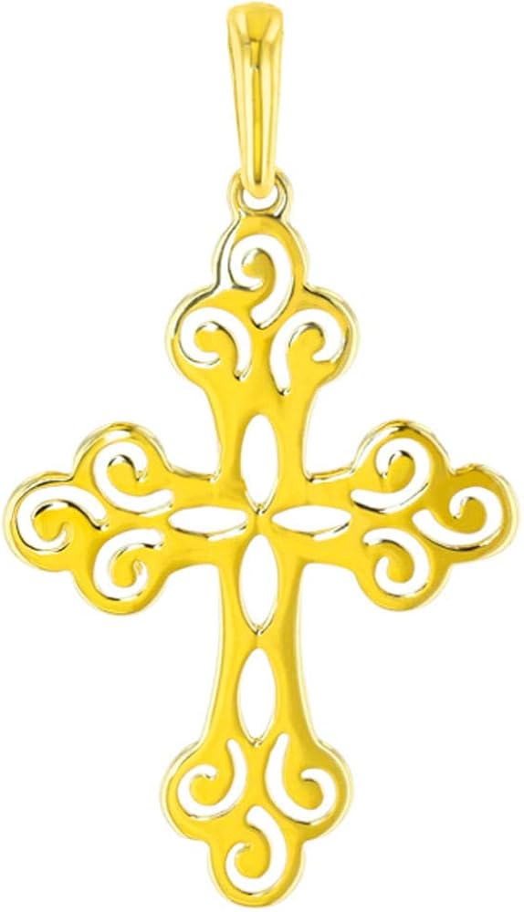 Solid 14k Yellow Gold Open Filigree Design Orthodox Cross Pendant (Medium)