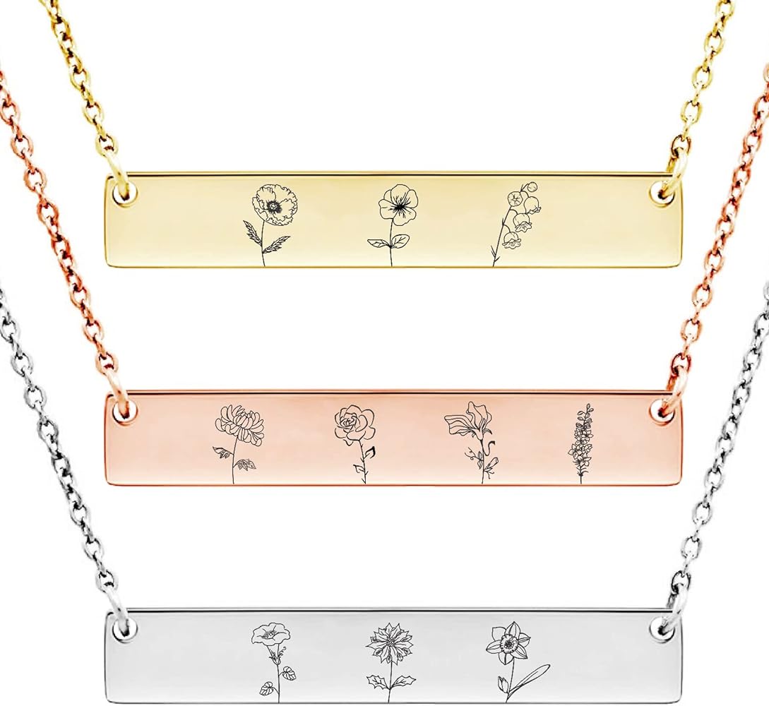 Anavia Personalized Birth Month Flowers Necklace, Personalized Engraved Floral Bar Necklace, Customized Birthday Gifts Love Jewelry Mom Sister Friends Family Couple Long Distance