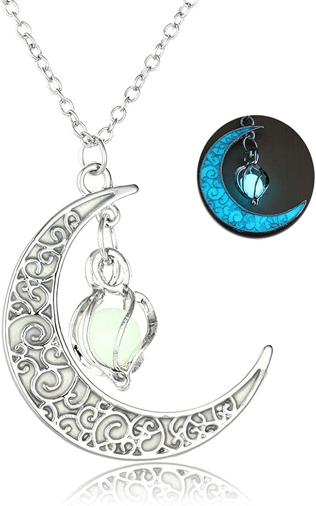 Luminous Moon Crescent Pendant Necklace Halloween Pumpkin Lantern Necklace for Women Men Glow in the Dark Guard Jewelry Gift