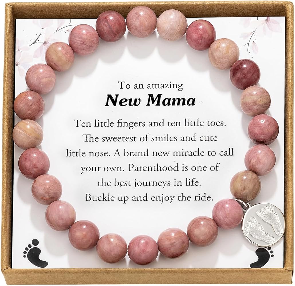 Pregnancy Gifts for First Time Moms Best Gifts for First Time Mom Gift Pink Beaded Bracelet for New Mom Gift Feet Charm Bracelet for Mom