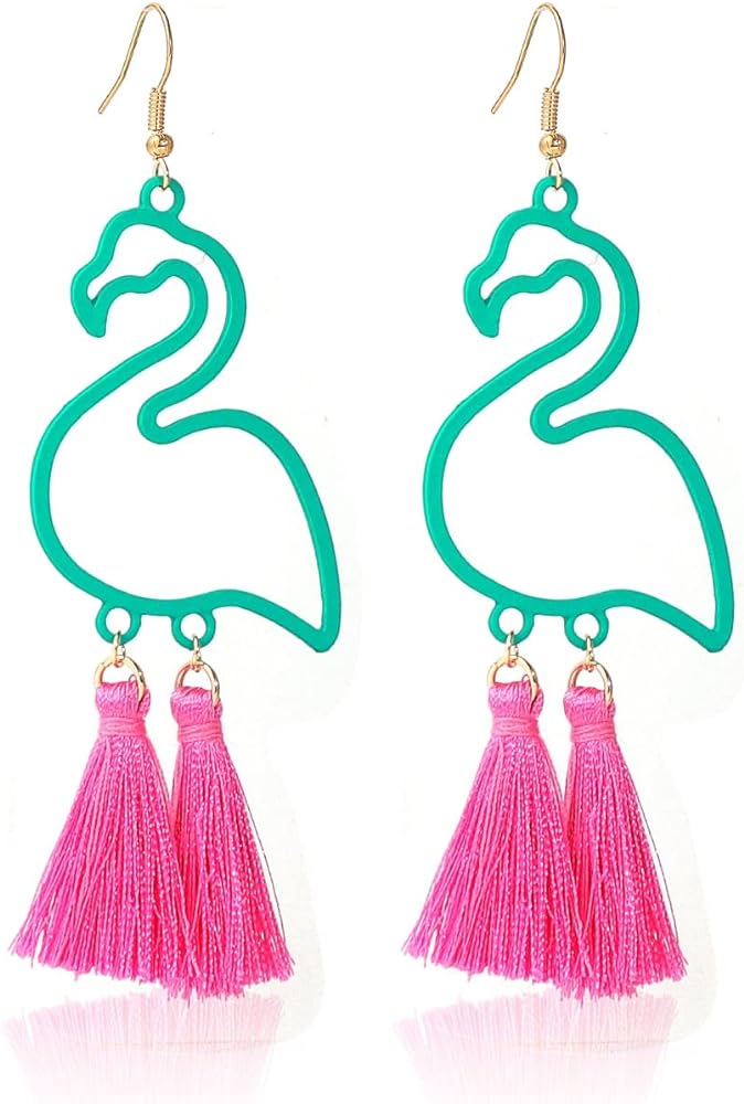 Tassel Pink Flamingo Dangle Earrings Retro Exaggerated Hollow Cute Animal Bird Drop Earrings Boho Flamingo Shape Jewelry for Women