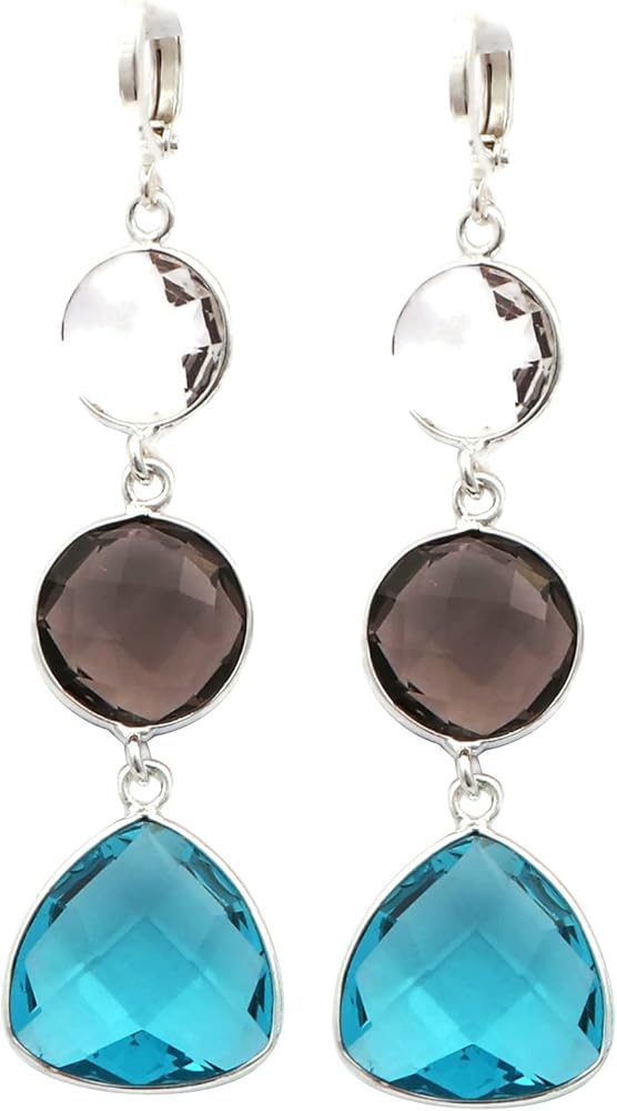 Agate & Chalcedony Gemstone Clip On Earring | Round & Cushion Shape Brass Silver Plated Dangle Jewelry | Handmade Earring For Women | 1397)1F