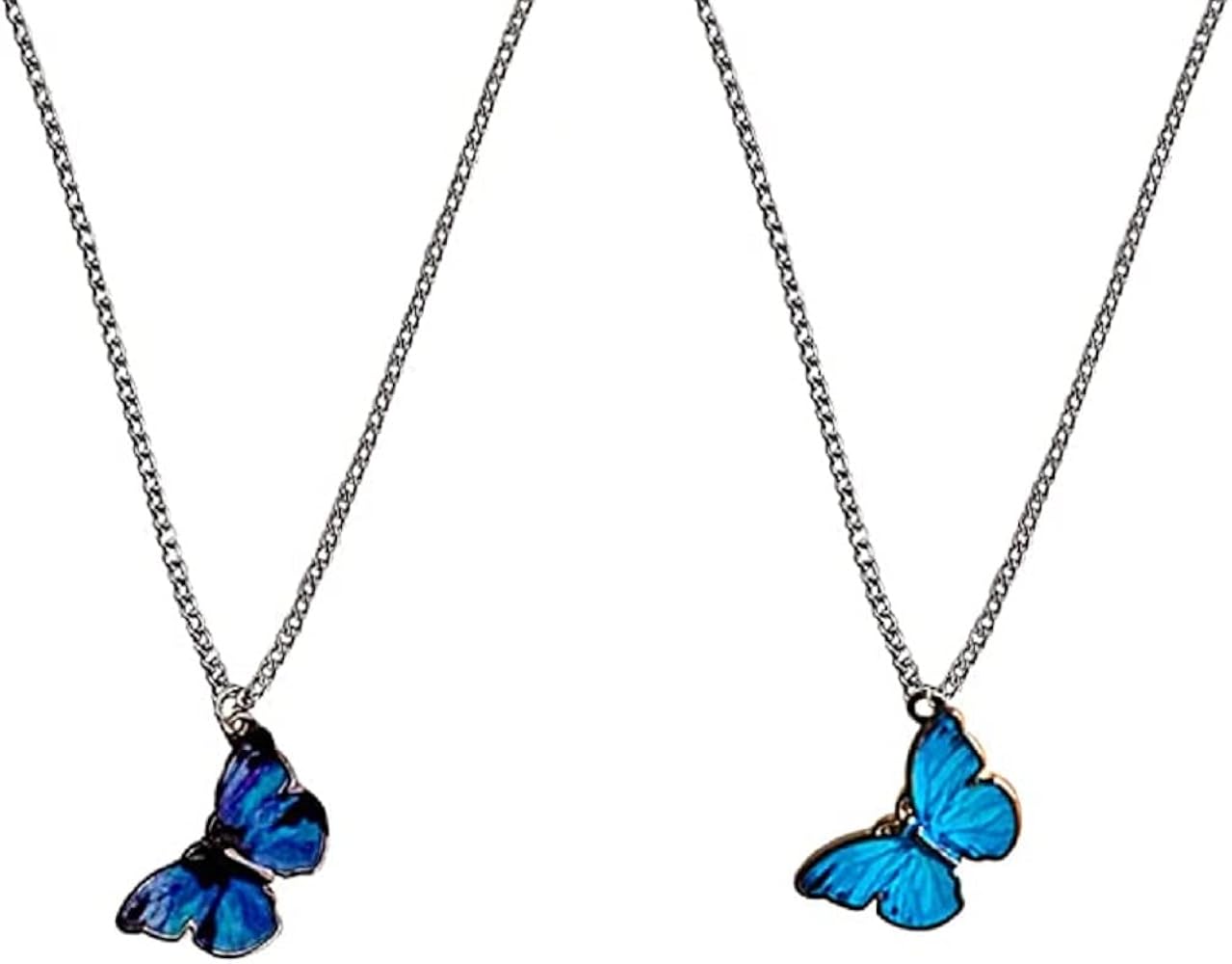 COLORFUL BLING 2 Pcs Silver Fine with Silver Plated Thin Butterfly Necklaces Choker Dainty Adjustable Chain Cute Jewelry Blue Purple Pendant Butterfly Necklaces Sets for Women Teen Girls