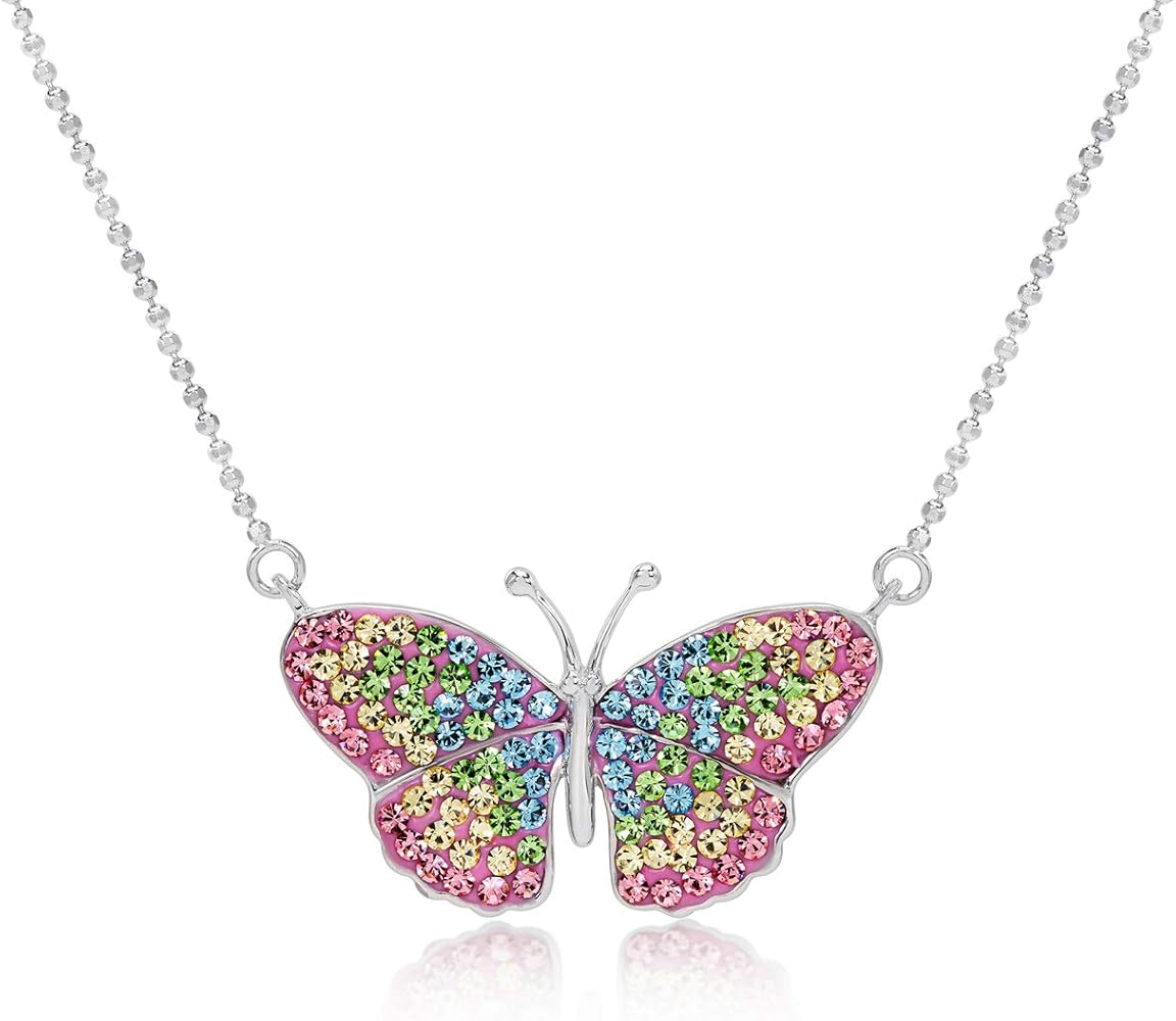 Crystal Pastel Butterfly Fairy Pendant Necklace for Women & Girls, Never Rust 925 Sterling Silver Natural and Hypoallergenic Chain with Free Breathtaking Gift Box for a Special Moment of Love