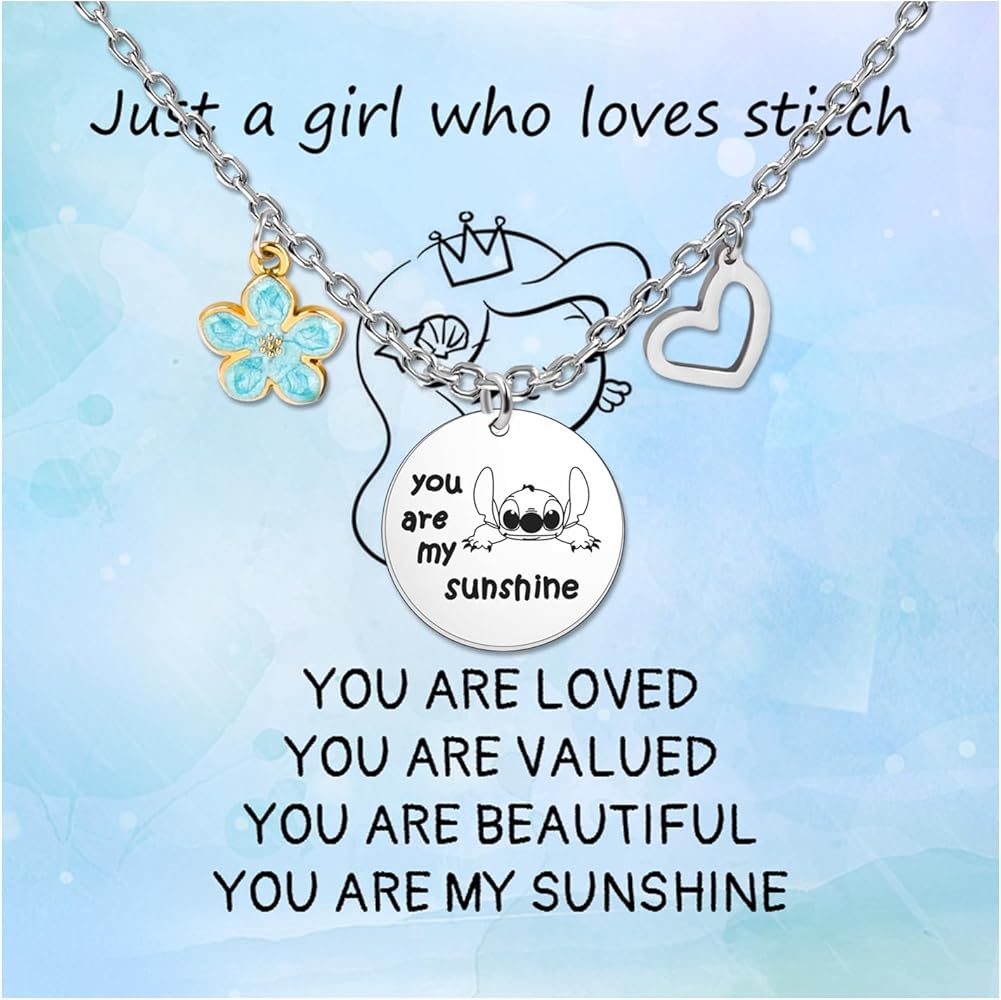 Stitch Necklace for Girls Women, Ohana Inspired Necklace Stitch Birthday Gifts Jewelry, “you are my sunshine” for Stitch Lovers Gifts, Stitch Ohana Jewelry Gifts