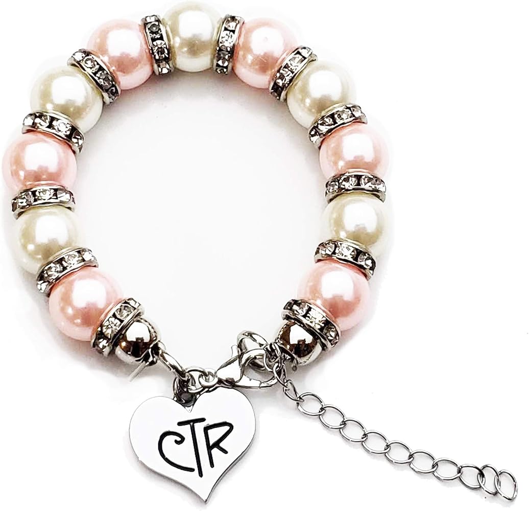 LDS Baptism Gift, CTR Charm Bracelet, Pink and White Faux Pearls with Crystals, Choose The Right Gifts for Girls, Presents From Grandma, Mom, Aunt, Uncle, Granddaughter Daughter Present, Baptize Birthday Communion Jewelry