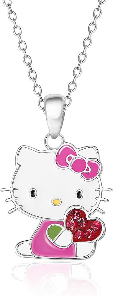 Hello Kitty Sanrio Womens Necklace Official License - Silver Plated Necklace with Enamel and Crystal Pendant