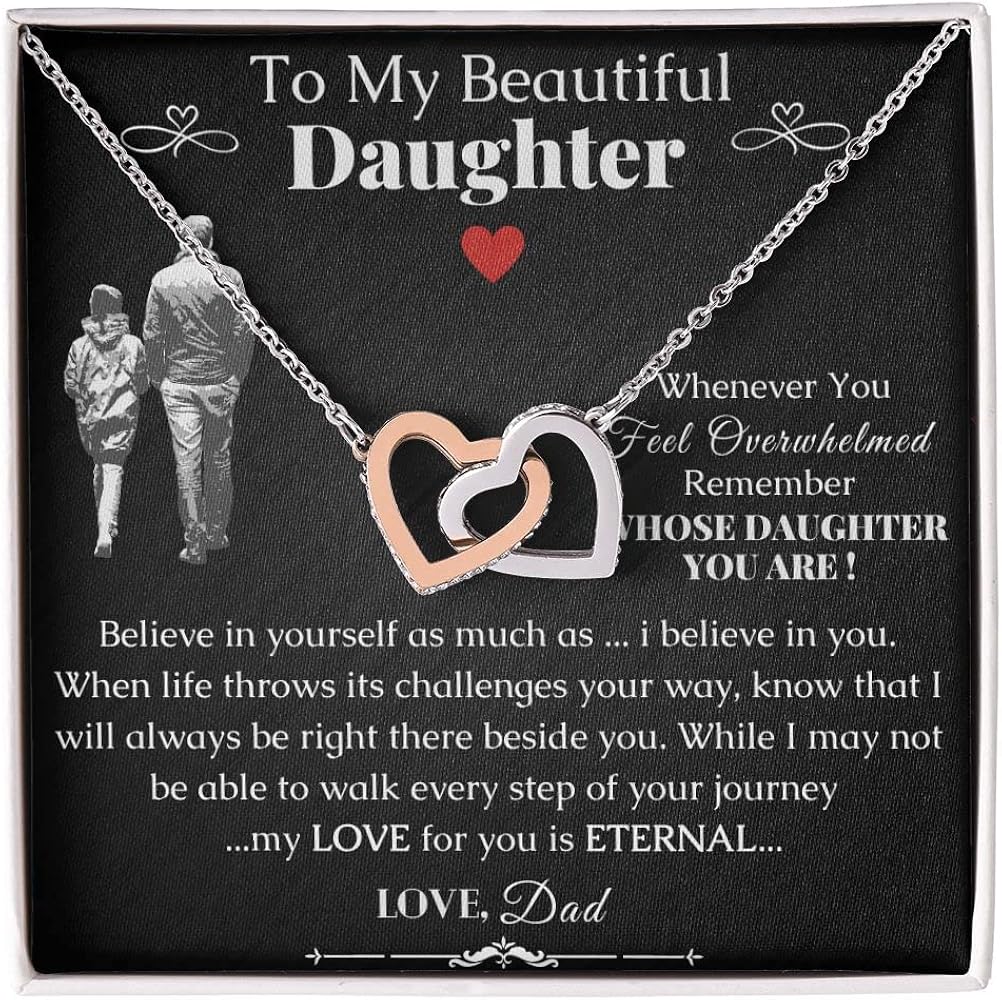 Gifts for Daughter - To My Daughter Necklace, Daughter Gifts, Teen Girls Necklace, Graduation Gifts, Sterling Silver, Interlocking Hearts, Message Card, Gift Box