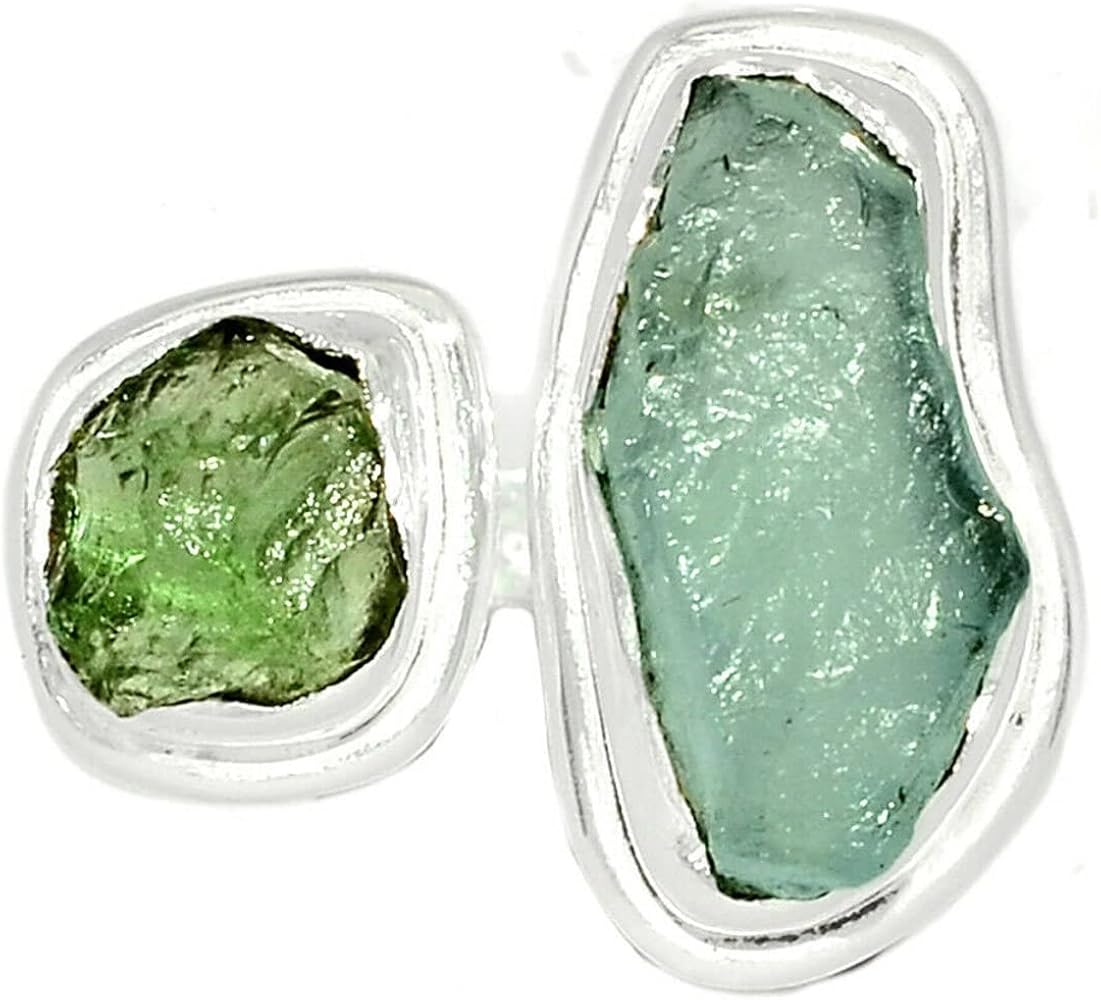 Rough Moldavite Ring & Aquamarine Ring Gemstone From Czech Republic 925 Sterling Silver Handmade Jewelry