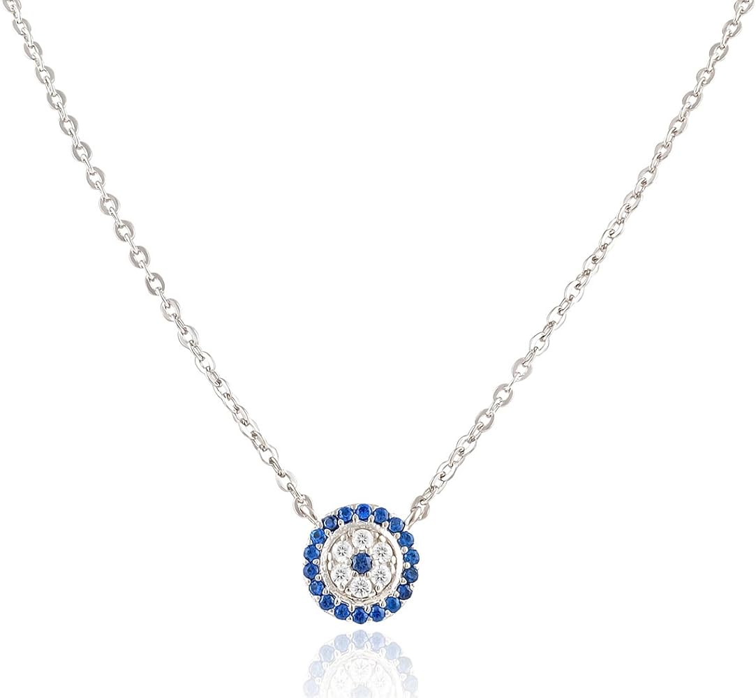 Sterling Silver Blue Cz Small Evil Eye Necklace Nazar Charm Amulet Protection Necklace for Adult Women's and Teen Girls