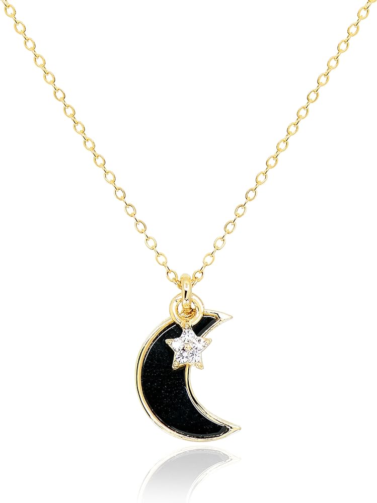 Dainty Black Moon Necklace for Women • Onyx Stone Quartz Crescent Moon and Star Pendant • 14K Gold Plated Non Tarnish Jewelry Gifts for Teen Girls [MN-BK-G]