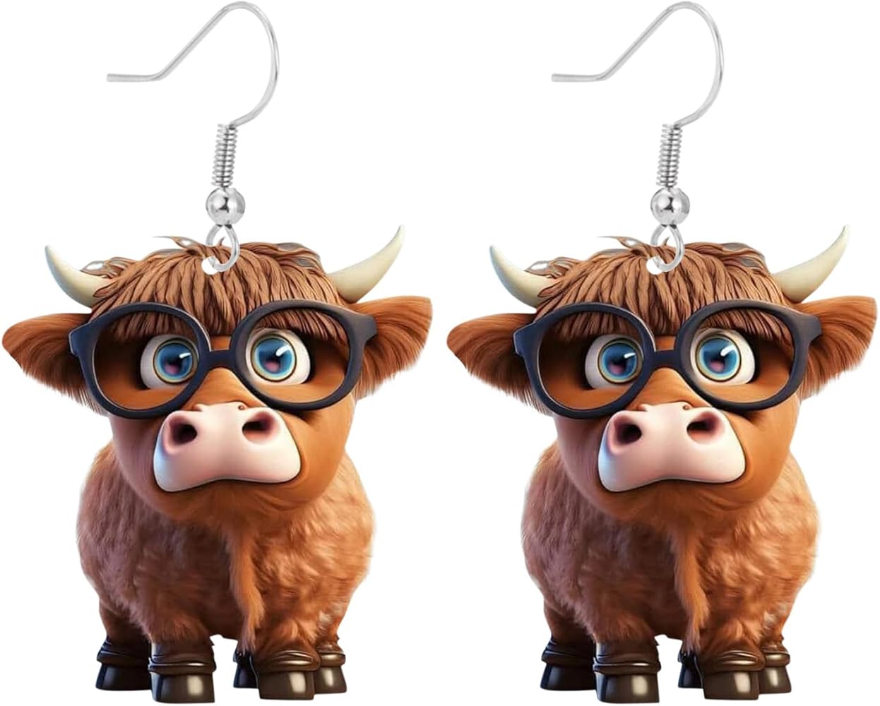 Highland Cow Earrings for Women, 2D Unique Glasses Flower Cow Head Dangle Acrylic Earrings Statement Sunflower Bow Highland Cow Animals Earrings for Teen Girls Holiday Gifts