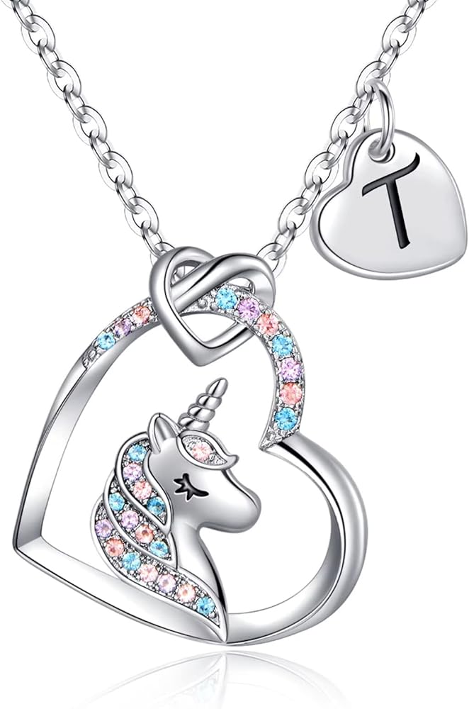 Unicorns Gifts for Girls Necklace, S925 Sterling Silver Unicorn Necklaces for Teen Girls Colorful CZ Heart Pendant Unicorn Necklace Initial Unicorn Necklace Jewelry Unicorn Gifts for Girls Women