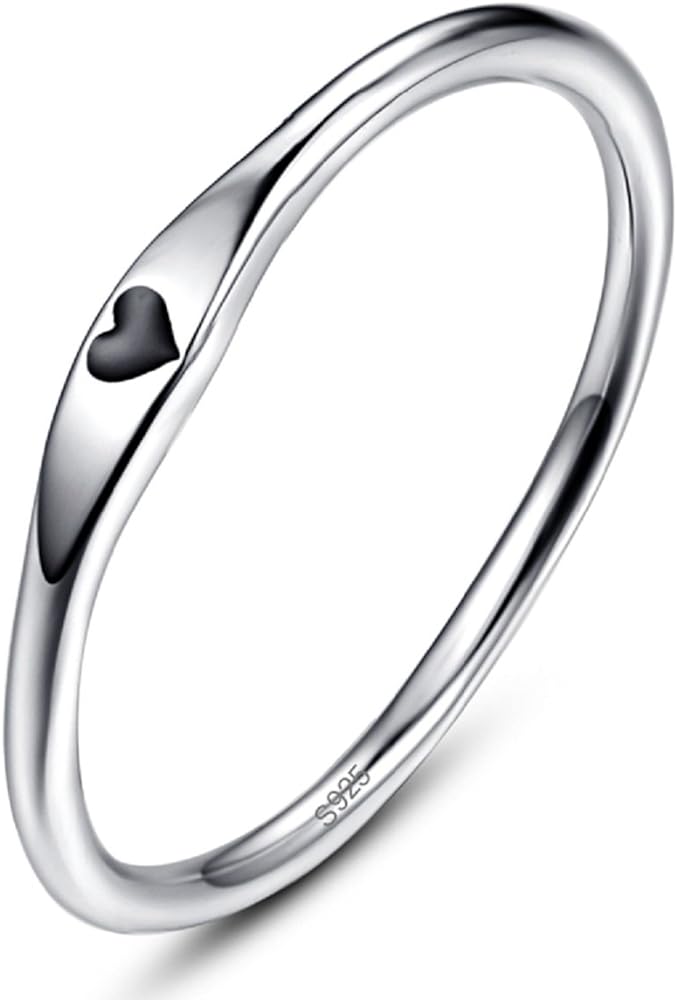 925 Sterling Silver Simple Carve Heart Wedding Band Stackable Promise Ring for Her Size 5-10