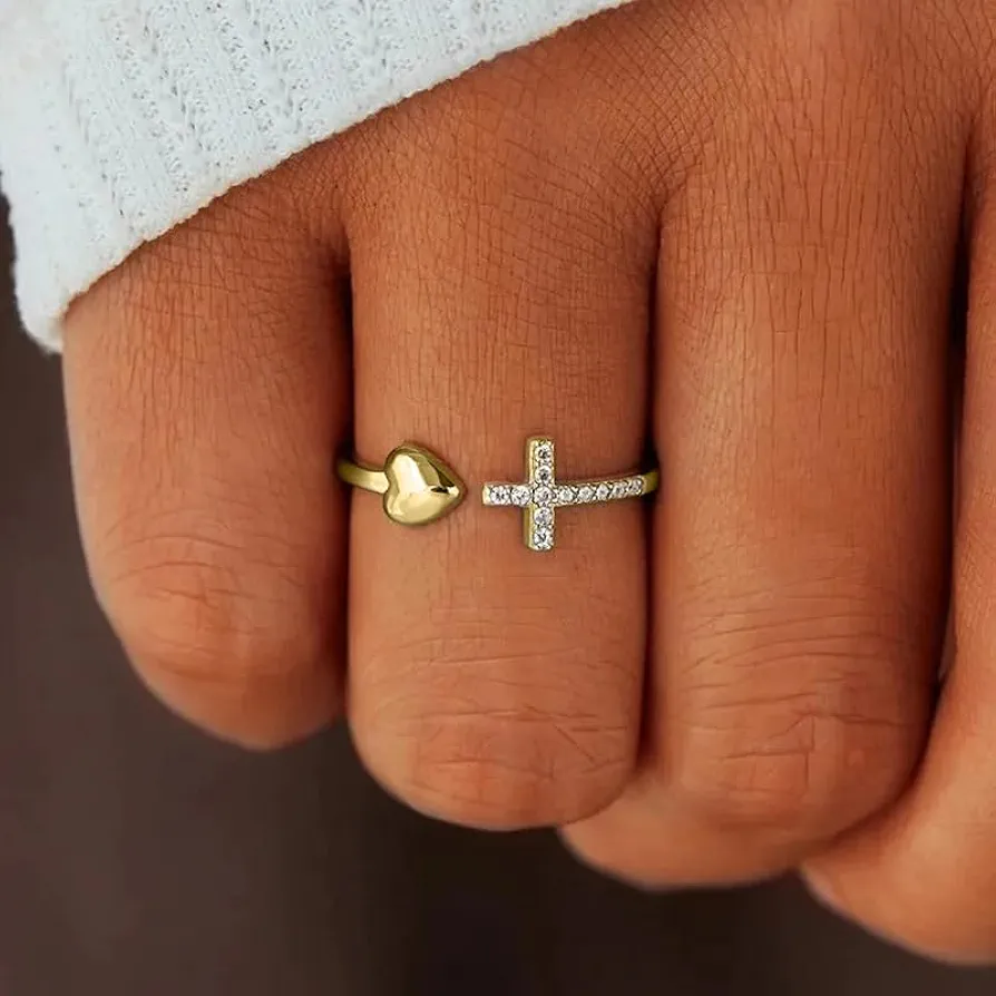 Cross Rings for Teen Girls Silver/Gold Heart Ring Cubic Zirconia Adjustable Ring Inspirational Pray Cross Heart Religious Christian Faith Jewelry Gifts for Her(Gold)8#